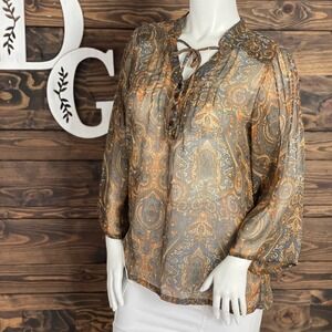 Apt. 9 | Sheer Paisley Peasant Blouse Tie‎ Front Split Neck Pleated Bell Sleeves